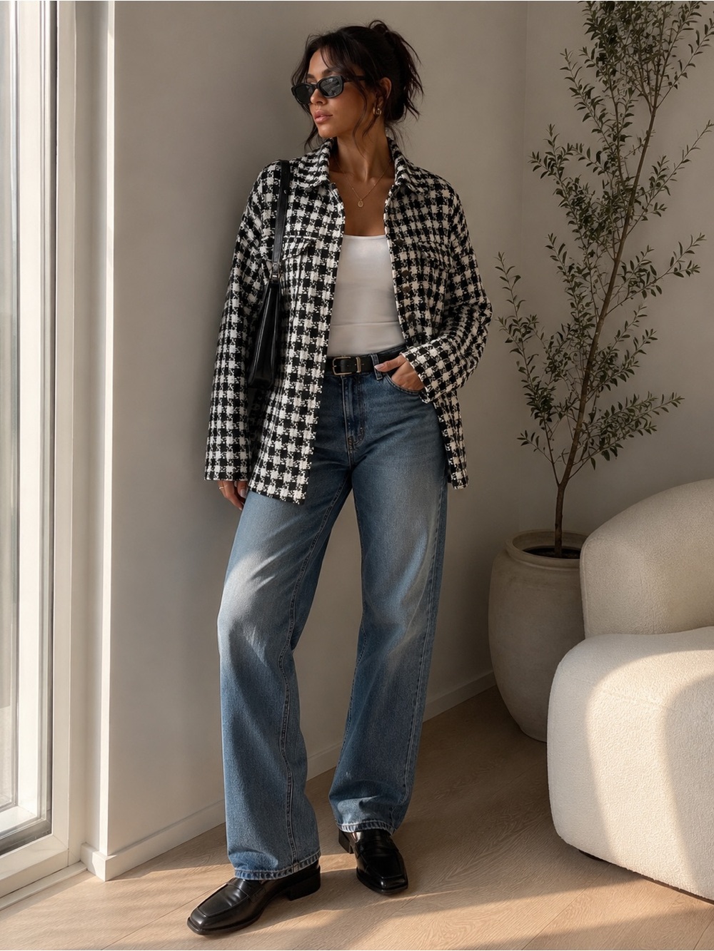 Shoedazzle Black & White Houndstooth Bouclé Shacket Jacket Oversized Medium